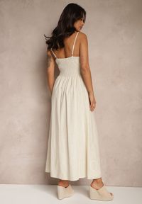 Renee - Beżowa Sukienka Boho z Wiskozą i Lnem o Rozkloszowanym Kroju z Haftem Annilsa. Okazja: na co dzień. Typ kołnierza: dekolt w serek. Kolor: beżowy. Materiał: len, wiskoza. Długość rękawa: na ramiączkach. Wzór: haft. Typ sukienki: rozkloszowane. Styl: boho #3