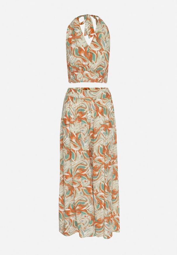 Born2be - Pomarańczowo-Zielony Bawełniany Komplet Top na Ramiączkach z Gumką w Talii Szerokie Spodnie Palazzo Hoadia. Kolor: pomarańczowy. Materiał: bawełna