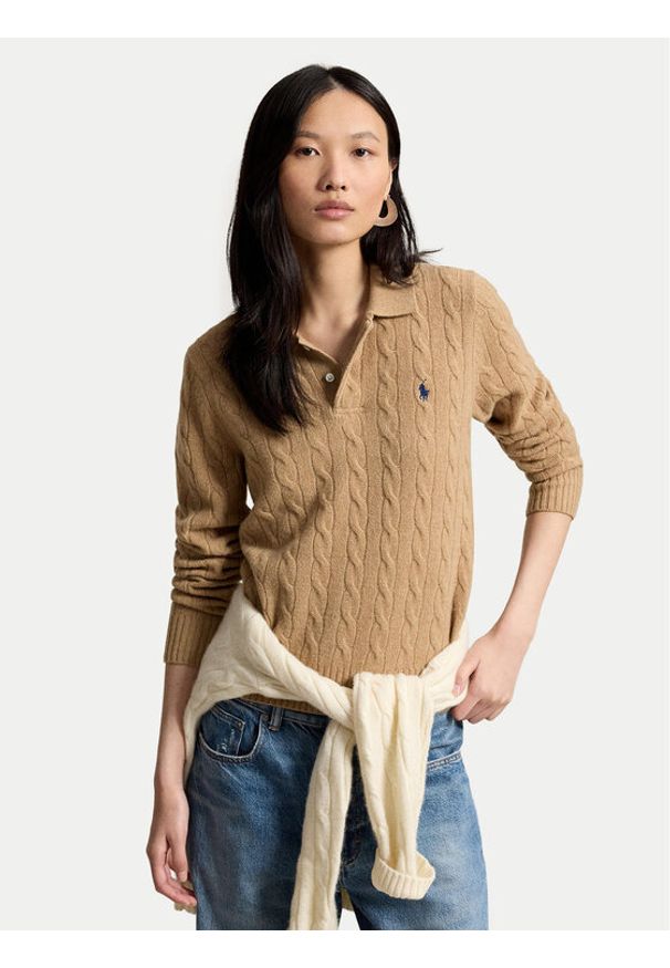 Polo Ralph Lauren Sweter 211972132002 Brązowy jasny Regular Fit. Typ kołnierza: polo. Kolor: brązowy. Materiał: wełna