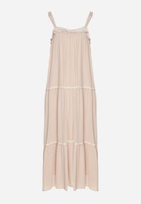 Born2be - Beżowa Wiskozowa Sukienka o Rozkloszowanym Kroju z Biżuteryjnym Zdobieniem Mevinda. Okazja: na co dzień. Kolor: beżowy. Materiał: wiskoza. Długość rękawa: na ramiączkach. Wzór: aplikacja. Styl: casual, elegancki #5