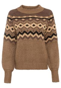 Sweter bonprix wielbłądzia wełna - wzorzysty. Kolor: brązowy. Materiał: materiał, poliester, akryl #1