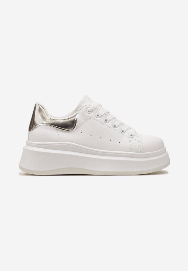 Born2be - Biało-Złote Sneakersy z Ekoskóry na Platformie ze Sznurowaniem Telretia. Kolor: biały. Obcas: na platformie