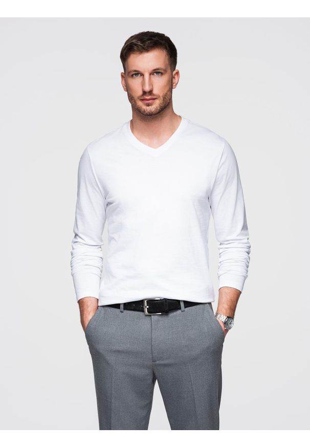 Ombre Clothing - Longsleeve męski bez nadruku z dekoltem w serek - biały V3 - Rozmiar: XXL. Okazja: na co dzień. Typ kołnierza: dekolt w serek. Kolor: biały. Materiał: bawełna, materiał. Długość rękawa: długi rękaw. Długość: długie. Wzór: gładki, jednolity. Styl: casual, elegancki, klasyczny