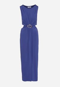 Born2be - Niebieska Sukienka z Wiskozą Ozdobiona Wycięciami i Metalową Aplikacją Odivaria. Kolor: niebieski. Materiał: wiskoza. Wzór: aplikacja. Styl: klasyczny #4