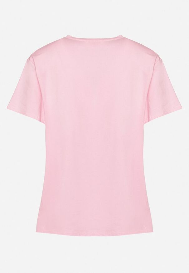 Born2be - Różowy T-shirt Koszulka z Krótkim Rękawem i Aplikacją w Kształcie Kwiatu Nestairis. Kolor: różowy. Długość rękawa: krótki rękaw. Długość: krótkie. Wzór: aplikacja, kwiaty. Styl: klasyczny