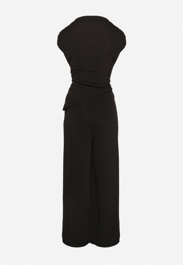 Born2be - Czarny Komplet Asymetryczna Bluzka z Marszczeniem i Szerokie Spodnie Filuriela. Kolor: czarny