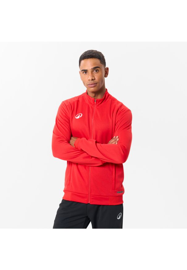KIPSTA - Bluza piłkarska Kipsta Essential treningowa. Typ kołnierza: komin. Kolor: czerwony. Materiał: materiał, prążkowany, poliester, tkanina, elastan. Sport: piłka nożna, fitness