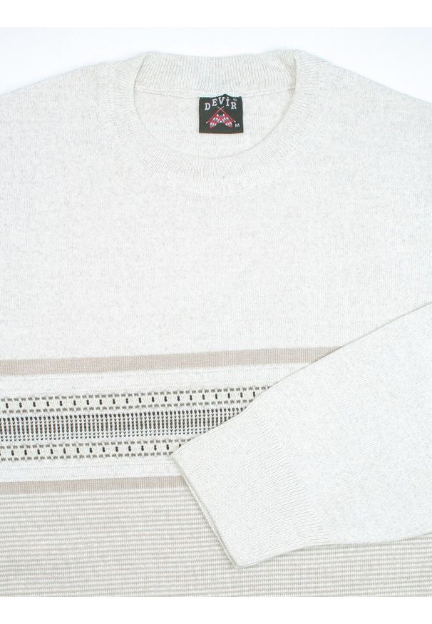 Devir - Sweter Wełniany, Beżowy w Paski, U-neck, Okrągły Dekolt, Męski -DEVIR. Okazja: do pracy, na co dzień, na spotkanie biznesowe. Kolor: beżowy, brązowy, wielokolorowy. Materiał: wełna, akryl. Wzór: paski. Styl: klasyczny, casual, elegancki, biznesowy