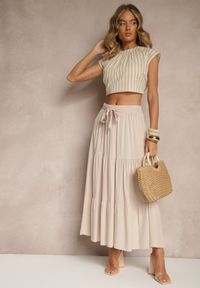 Renee - Beżowa SRozkloszowana Spódnica Maxi z Wiskozy z Materiałowymi Paskami Wintelis. Okazja: do pracy. Kolor: beżowy. Materiał: materiał, wiskoza. Wzór: paski. Styl: elegancki #5