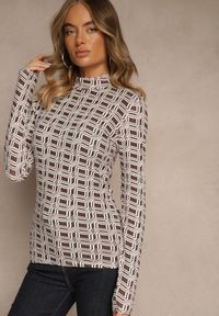 Renee - Biało-Brązowa Bluzka Longsleeve z Golfem z Bawełny w Geometryczny Print Zadanevia. Okazja: na co dzień, na spacer. Typ kołnierza: golf. Kolor: biały. Materiał: bawełna. Długość rękawa: długi rękaw. Wzór: geometria, nadruk. Styl: casual, elegancki #3