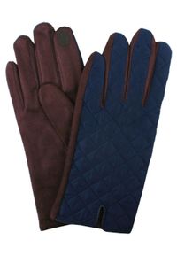 EM Men's Accessories - Eleganckie Pikowane Rękawiczki Męskie - Granat z Brązem. Kolor: brązowy. Materiał: poliester, bawełna. Wzór: aplikacja. Sezon: zima, jesień. Styl: elegancki #1