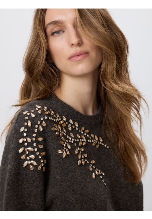 Reserved - Sweter z ozdobnymi aplikacjami - ciemnobrązowy. Kolor: brązowy. Materiał: wełna, dzianina. Wzór: aplikacja