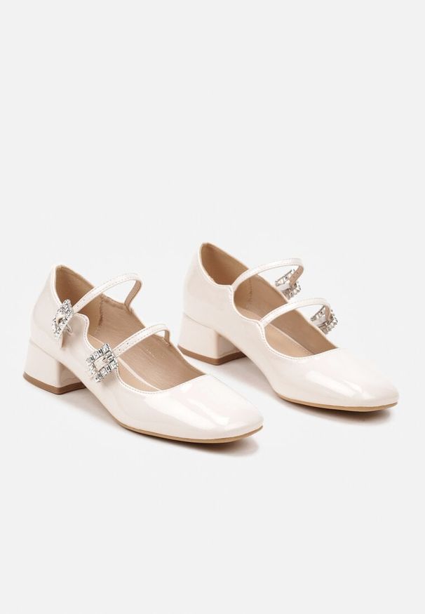 Born2be - Beżowe Czółenka na Obcasie Ozdobione Sprzączkami i Cyrkoniami Ivheria. Zapięcie: sprzączka. Kolor: beżowy. Materiał: jeans. Wzór: aplikacja. Obcas: na obcasie. Styl: elegancki. Wysokość obcasa: średni