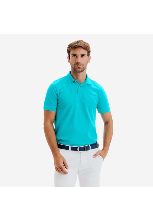 INESIS - Koszulka polo do golfa z krótkim rękawem męska Inesis MW500. Typ kołnierza: polo, golf. Kolor: niebieski. Materiał: poliester, bawełna, materiał. Długość rękawa: krótki rękaw. Długość: krótkie. Styl: klasyczny, sportowy