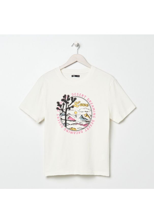 Sinsay - Koszulka z nadrukiem - Kremowy. Kolor: kremowy. Wzór: nadruk