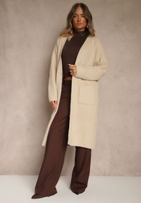 Renee - Beżowy Długi Kardigan Niezapinany z Bawełną Ferrive. Okazja: na co dzień. Kolor: beżowy. Materiał: bawełna. Długość: długie. Styl: casual