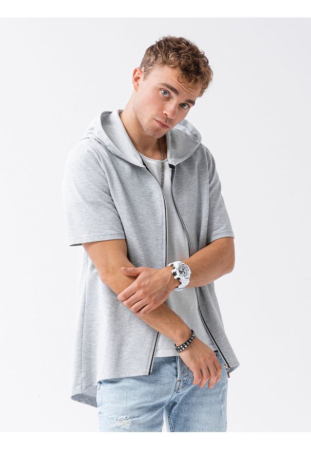 Ombre Clothing - Bluza męska rozpinana z krótkim rękawem B960 - szara - XXL. Typ kołnierza: kaptur. Kolor: szary. Materiał: poliester, bawełna, dzianina. Długość rękawa: krótki rękaw. Długość: krótkie. Wzór: gładki