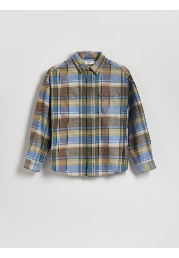 Reserved - Koszula oversize w kratę - beżowy. Kolor: beżowy. Materiał: tkanina, bawełna