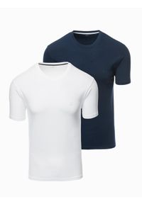 Ombre Clothing - Zestaw męskich t-shirtów z okrągłym dekoltem – biały/granat V1 - Rozmiar: S. Okazja: na co dzień. Kolor: biały. Materiał: bawełna, elastan, jersey, dzianina. Wzór: nadruk. Styl: casual