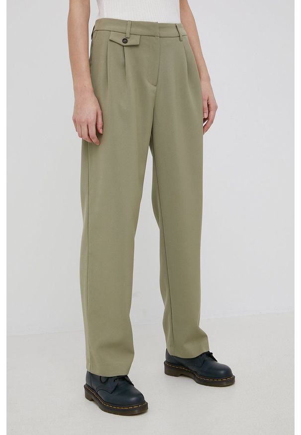 only - Only spodnie damskie kolor zielony proste high waist. Okazja: na co dzień. Stan: podwyższony. Kolor: zielony. Materiał: tkanina, poliester. Styl: casual