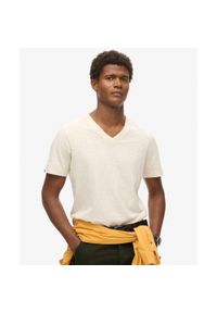 T-shirt melanżowy z dekoltem w serek Superdry. Typ kołnierza: dekolt w serek. Kolor: beżowy. Materiał: materiał. Wzór: melanż #1