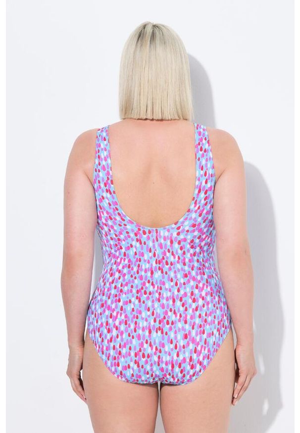 ULLA POPKEN - Damski Strój kąpielowy kropki lamówka bez miękkich miseczek okrągły dekolt. Kolekcja: plus size. Kolor: niebieski. Materiał: poliester, elastan, poliamid, materiał. Wzór: kropki