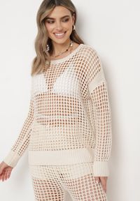 Born2be - Beżowa Ażurowa Bluzka z Szydełkowej Dzianiny Zavara. Okazja: na co dzień. Kolor: beżowy. Materiał: dzianina. Wzór: ażurowy. Styl: casual, elegancki #4