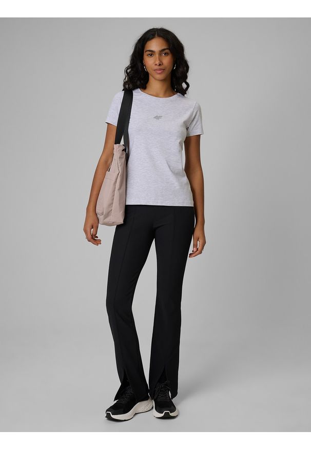 4f - 4F T-shirt slim gładki damski - szary L. Okazja: na co dzień. Kolor: szary. Materiał: materiał. Wzór: gładki. Styl: casual, sportowy