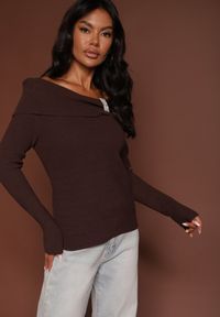 Renee - Brązowy Sweter z Wiskozą i Ozdobą z Cyrkonii Mirrise. Okazja: na co dzień. Kolor: brązowy. Materiał: wiskoza. Wzór: aplikacja. Styl: klasyczny, casual, elegancki #6