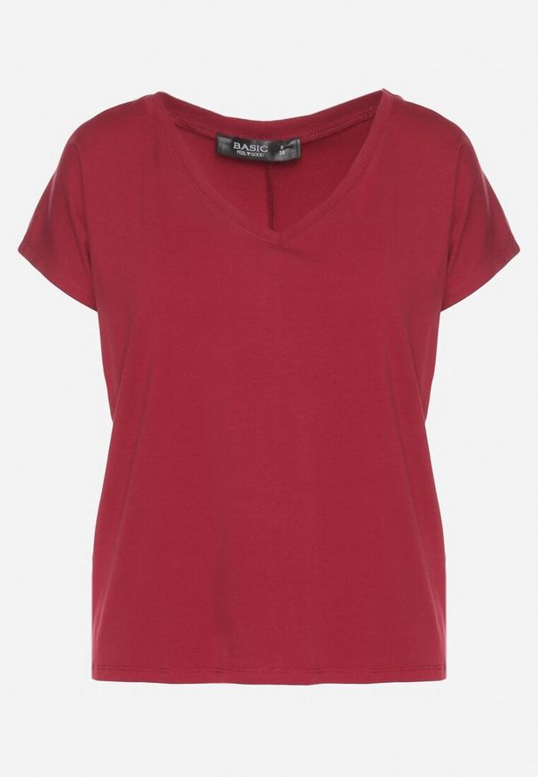 Born2be - Bordowy Bawełniany T-shirt z Trójkątnym Dekoltem Linarosea. Okazja: na co dzień. Kolor: czerwony. Materiał: bawełna. Styl: casual