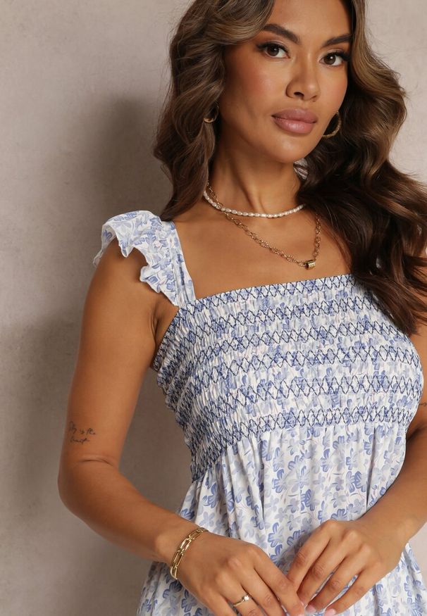 Renee - Niebieska Maxi Sukienka Rozkloszowana na Ramiączkach z Falbankami Azah. Typ kołnierza: kołnierz z falbankami. Kolor: niebieski. Długość rękawa: na ramiączkach. Długość: maxi