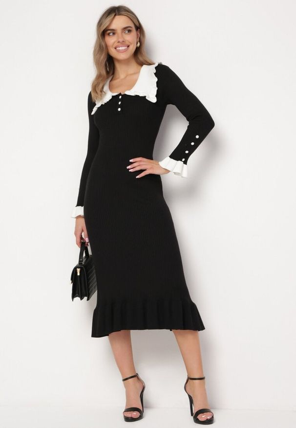 Born2be - Czarna Prążkowana Sukienka Midi z Kołnierzykiem z Guzikami i Falbanką Prestaria. Okazja: do pracy, na spotkanie biznesowe. Kolor: czarny. Materiał: prążkowany. Styl: biznesowy. Długość: midi