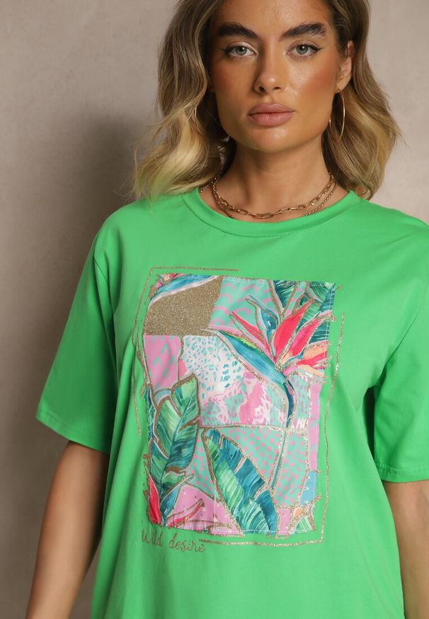 Renee - Zielony T-shirt z Bawełny Ozdobiony Brokatem Isadelle. Okazja: na co dzień. Kolor: zielony. Materiał: bawełna. Wzór: aplikacja. Styl: klasyczny, casual