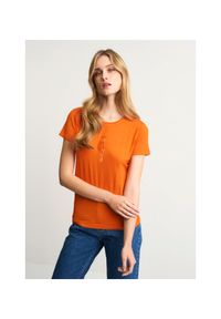 Ochnik - Pomarańczowy T-shirt damski z wilgą. Kolor: pomarańczowy. Materiał: wiskoza