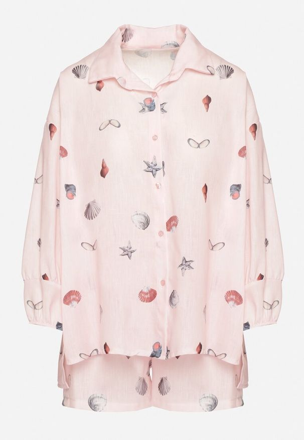 Born2be - Różowy Komplet z Wiskozą Koszula i Szorty z Motywem Morskim Reivienne. Kolor: różowy. Materiał: wiskoza. Wzór: aplikacja