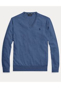 Ralph Lauren - RALPH LAUREN - Niebieski sweter w serek Slim Fit. Okazja: na co dzień. Typ kołnierza: dekolt w serek. Kolor: niebieski. Materiał: bawełna, dzianina. Wzór: haft. Styl: klasyczny, casual #2