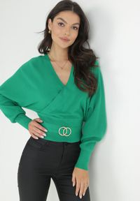 Born2be - Zielony Kopertowy Sweter z Klamerką Gelfi. Typ kołnierza: kokarda. Kolor: zielony. Materiał: dzianina, prążkowany #5