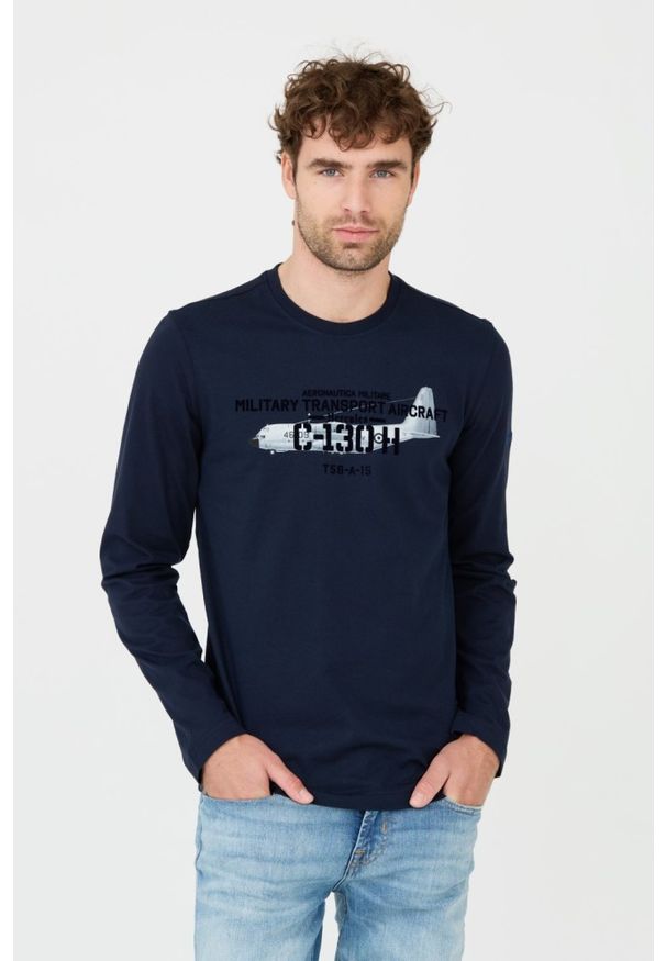 Aeronautica Militare - AERONAUTICA MILITARE Granatowy męski longsleeve bawełniany, Rozmiar M. Kolor: niebieski. Materiał: bawełna. Długość rękawa: długi rękaw