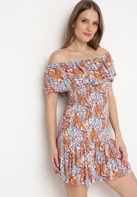 Born2be - Brązowo-Niebieska Sukienka Hiszpanka Mini z Elastycznej Wiskozy Zamra. Typ kołnierza: dekolt hiszpanka. Kolor: brązowy. Materiał: wiskoza. Sezon: lato. Długość: mini #1