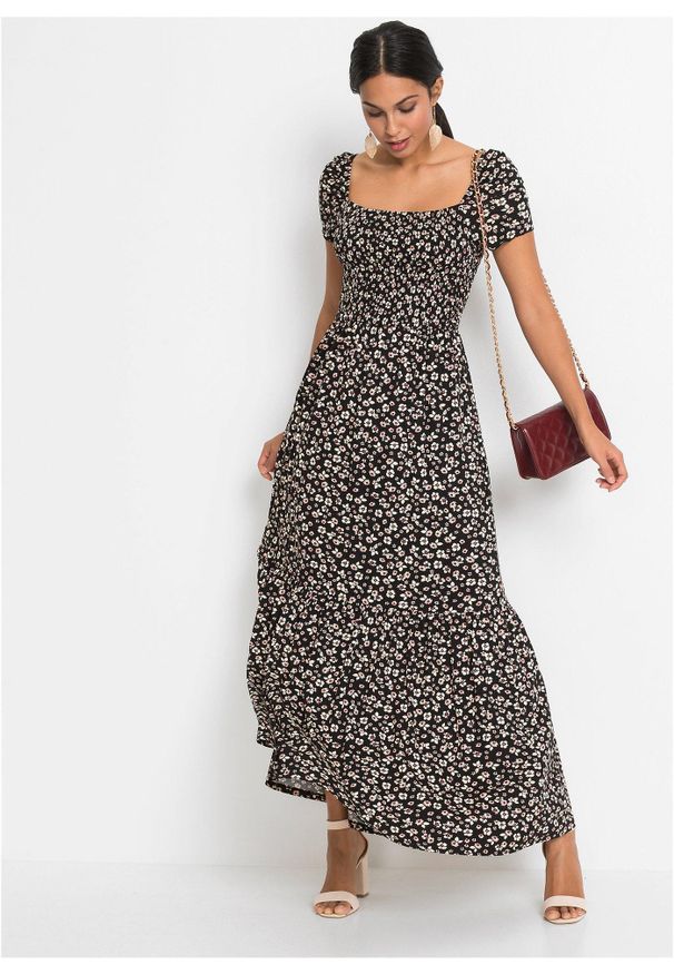 bonprix - Długa sukienka z mieszanki wiskozy. Typ kołnierza: dekolt w karo. Kolor: czarny. Materiał: wiskoza. Wzór: nadruk. Długość: maxi