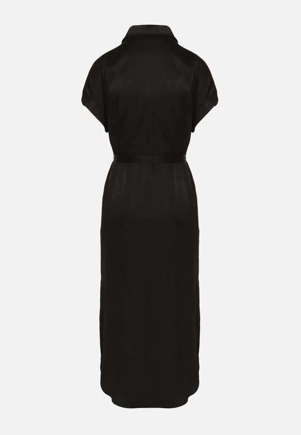 Born2be - Czarna Sukienka Koszulowa Zapinana na Guziki z Rozcięciem Wiązana Materiałowym Paskiem Nestari. Typ kołnierza: dekolt w kształcie V. Kolor: czarny. Materiał: materiał. Długość rękawa: krótki rękaw. Typ sukienki: koszulowe. Styl: elegancki