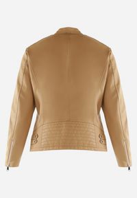 Born2be - Brązowa Kurtka Ramoneska z Ekoskóry z Ozdobnymi Paskami na Napy Bellassa. Typ kołnierza: kołnierzyk stójkowy. Kolekcja: plus size. Kolor: brązowy. Wzór: paski #6