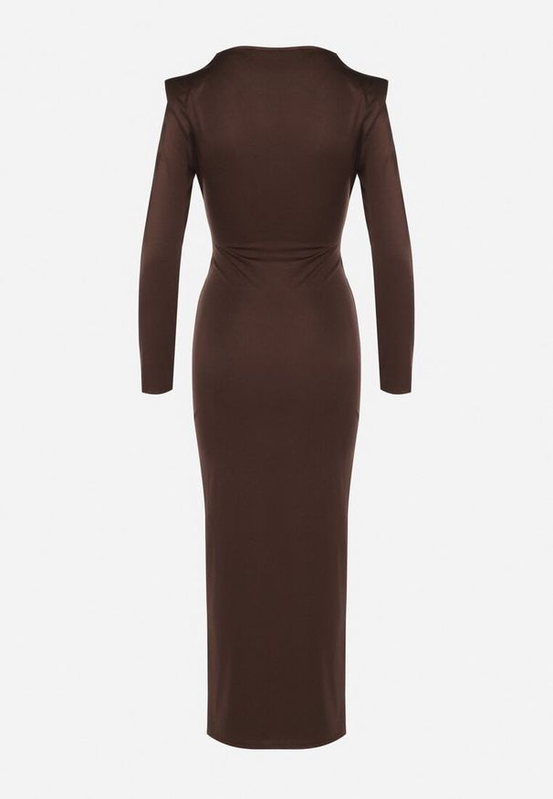 Born2be - Brązowa Elegancka Sukienka z Trenem i Rozcięciem Atissa. Okazja: na imprezę. Kolor: brązowy. Wzór: aplikacja. Styl: elegancki