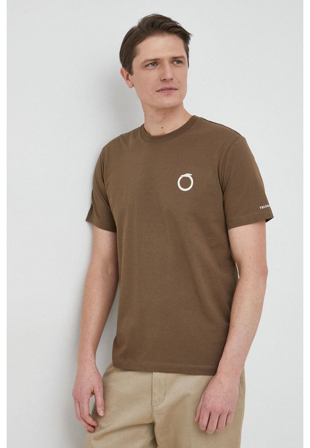 Trussardi Jeans - Trussardi t-shirt bawełniany kolor zielony z nadrukiem. Kolor: zielony. Materiał: bawełna. Wzór: nadruk