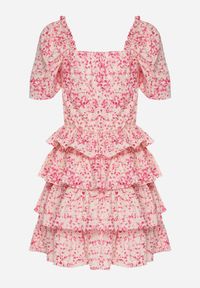 Renee - Różowa Sukienka o Rozkloszowanym Fasonie z Falbankami w Drobny Wzór Uveria. Okazja: na spacer. Typ kołnierza: kołnierz z falbankami. Kolor: różowy. Długość rękawa: krótki rękaw. Typ sukienki: rozkloszowane. Styl: klasyczny #3