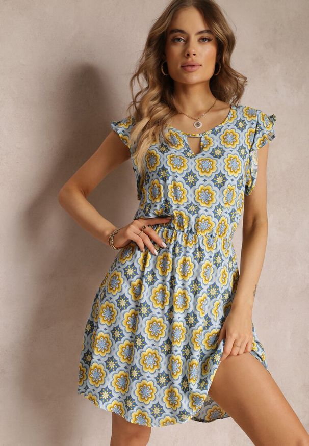Renee - Niebiesko-Żółta Bawełniana Sukienka Mini w Mozaikowy Wzór z Gumką w Talii Fiyona. Kolor: niebieski. Materiał: bawełna. Długość: mini