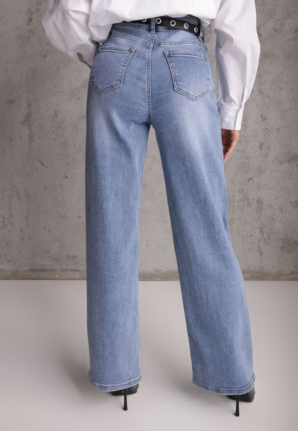Renee - Niebieskie Jeansy Wide Leg High Waist z Elastycznego Denimu z Bawełną Jelimia. Okazja: na co dzień. Stan: podwyższony. Kolor: niebieski. Styl: casual, elegancki