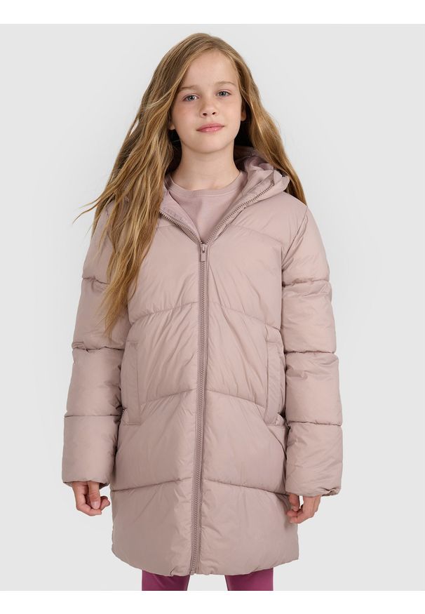 4f - 4F Płaszcz puchowy z wypełnieniem syntetycznym dziewczęcy - brązowy 158 (12-13 lat). Okazja: na co dzień. Typ kołnierza: kaptur. Kolor: brązowy. Materiał: puch, syntetyk. Długość: do kolan. Wzór: gładki. Sezon: lato. Styl: casual, klasyczny, sportowy