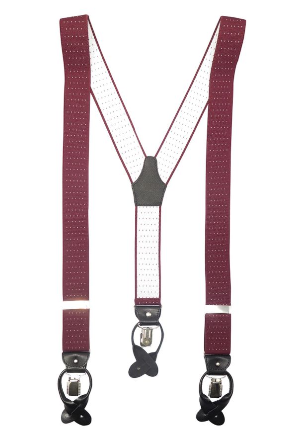 Modini - Bordowe szelki na guziki w białe kropki G37. Kolor: biały, wielokolorowy, czerwony. Materiał: skóra, guma, materiał. Wzór: kropki