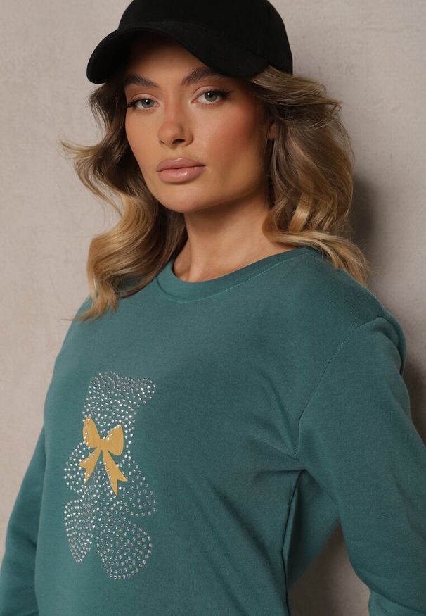 Renee - Zielony Ocieplany Komplet Dresowy z Bawełny Zdobiony Cyrkoniami Bluza i Spodnie z Gumką Nelionis. Kolor: zielony. Materiał: dresówka, bawełna. Wzór: aplikacja